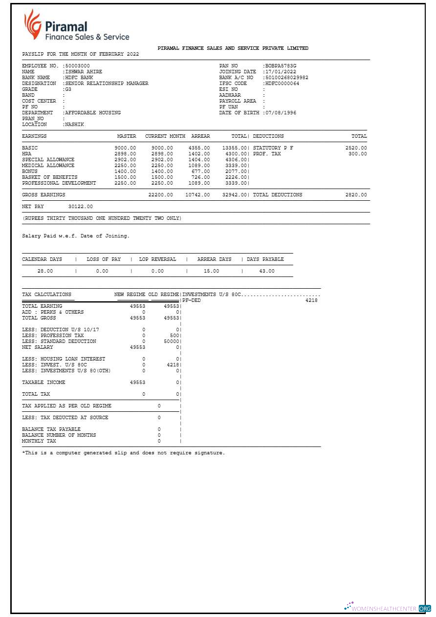 Download Piramal Financial Services payslip template in Word and PDF formats.pdf, 1 Photoshop template
